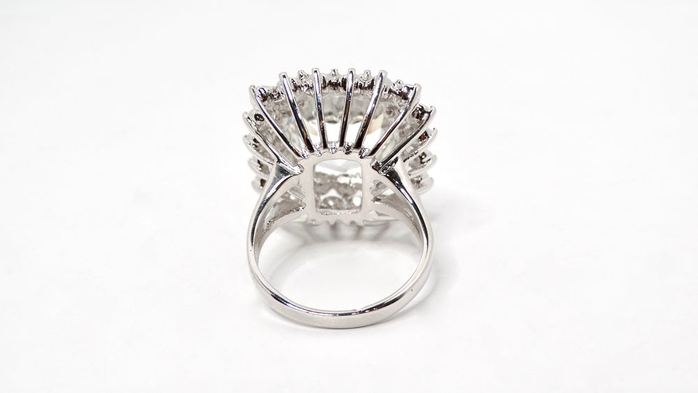 1990s Large Crystal 18k White Gold Plated Art Deco Style Princess Cocktail Ring