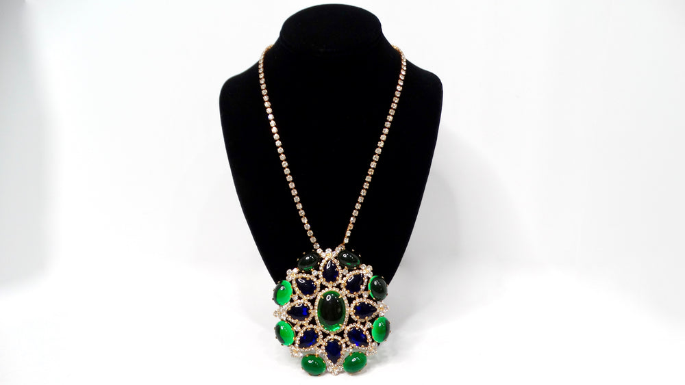 1960s Kenneth Jay Lane Jewel-Tone Gripoix Style Rhinestone Pendent Necklace