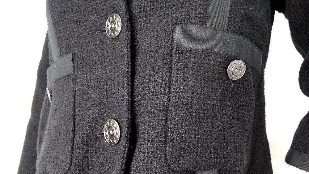 Chanel Black Tweed & Silk Lined Cropped Sleeve Jacket