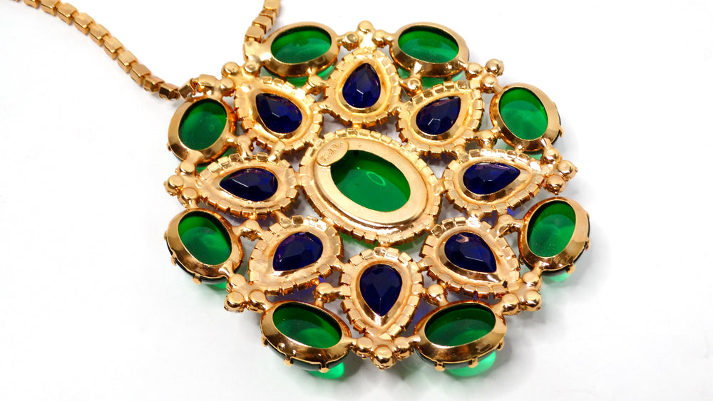 1960s Kenneth Jay Lane Jewel-Tone Gripoix Style Rhinestone Pendent Necklace