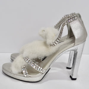 Tom Ford for Gucci Silver Strappy White Mink Leather Crystal Platform Shoes