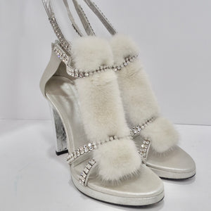 Tom Ford for Gucci Silver Strappy White Mink Leather Crystal Platform Shoes