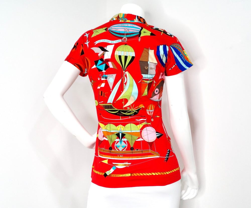 Hermes "Les Folies du Ciel" Hot Air Balloon Print Button-Up Shirt circa 1980s