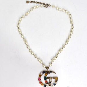 Gucci Multicolor Crystal Faux Pearl Logo Necklace & Earrings Set