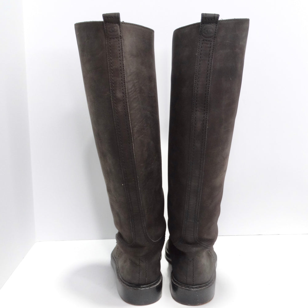 Chanel Logo Brown Leather Knee High Boots