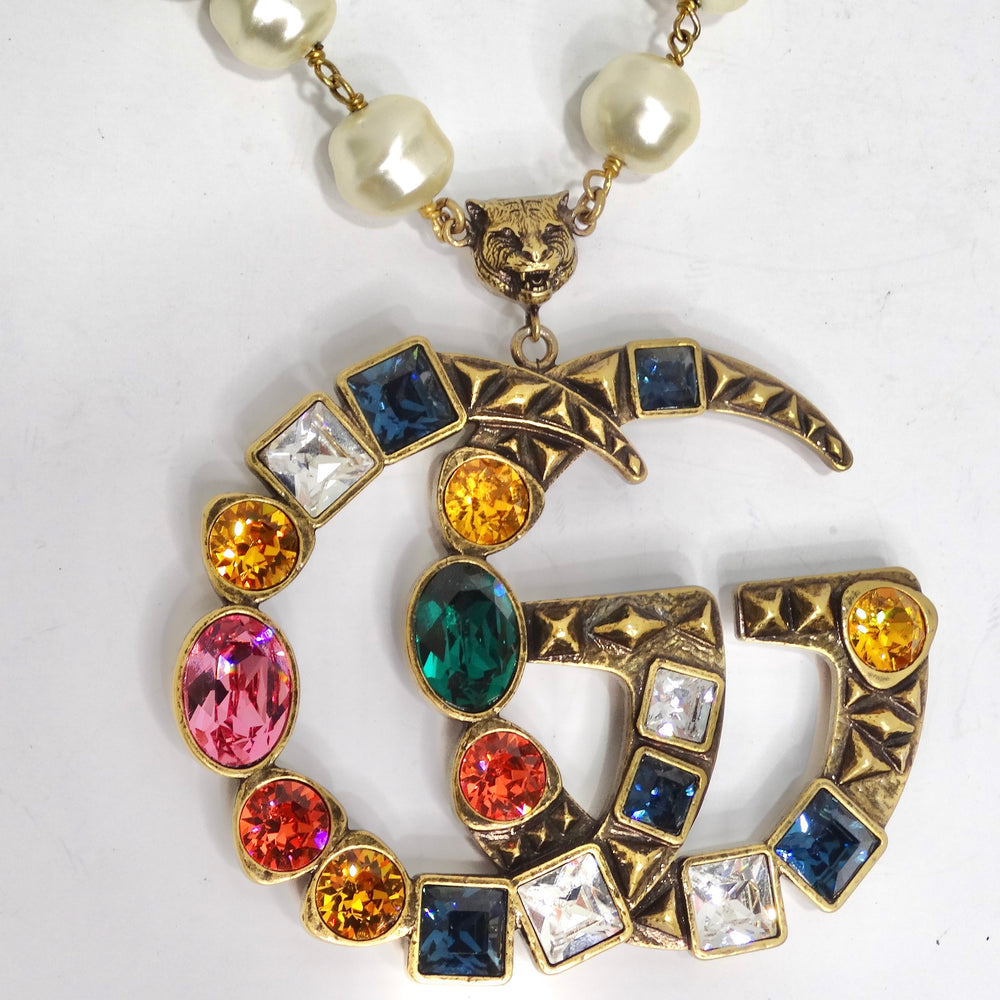 Gucci Multicolor Crystal Faux Pearl Logo Pendent Necklace