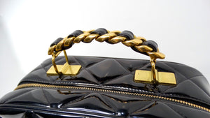 1990s Chanel Black Quilted Patent Leather Zip-Around Box Top Handle Bag