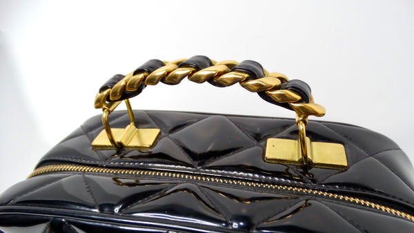 1990s Chanel Black Quilted Patent Leather Zip-Around Box Top