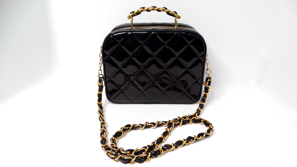 1990s Chanel Black Quilted Patent Leather Zip-Around Box Top Handle Bag