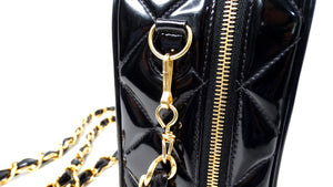 1990s Chanel Black Quilted Patent Leather Zip-Around Box Top Handle Bag