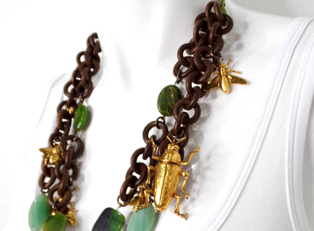Erickson Beamon Costume Jade & Wood Chain Link Bug Charm Necklace