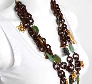 Erickson Beamon Costume Jade & Wood Chain Link Bug Charm Necklace