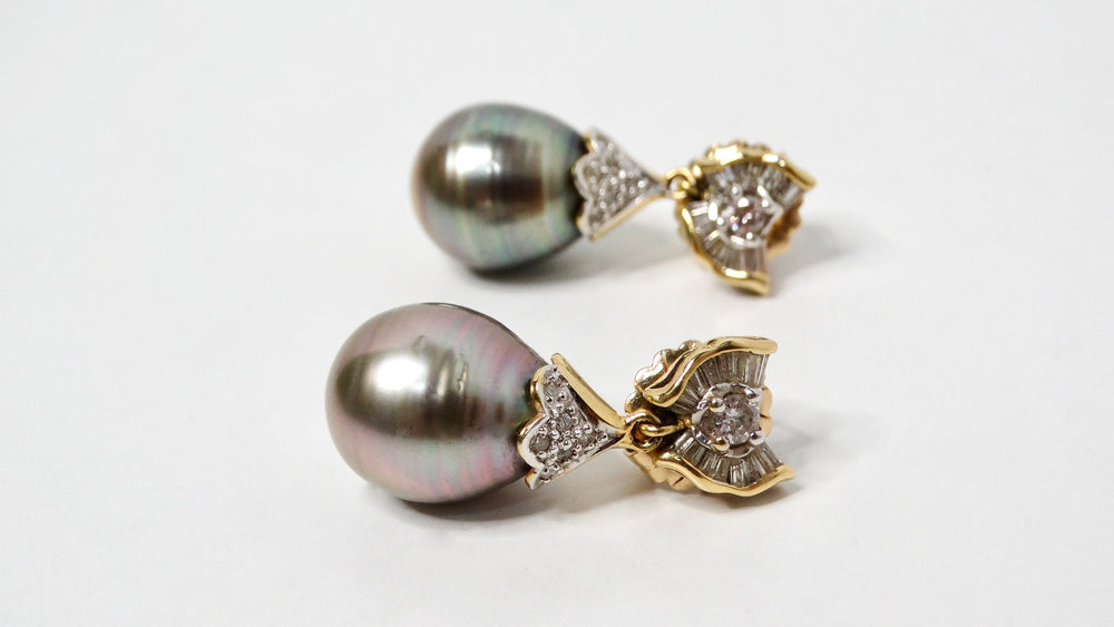 1960s Tahitian Pearl 14k Solid Yellow Gold Dangle Earrings With Diamonds