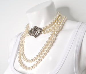 Double Strand Costume Pearl Rhinestone Pendent Necklace circa 1980s