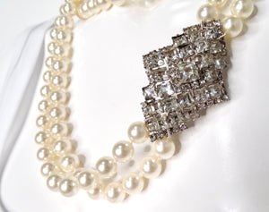 Double Strand Costume Pearl Rhinestone Pendent Necklace circa 1980s