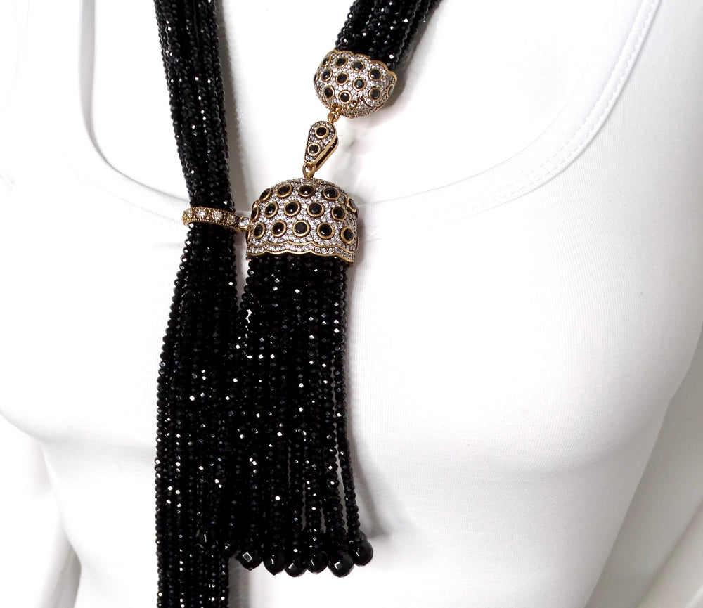 Multi-Strand Black Crystal Beaded Tassel Drop Necklace circa 1980s
