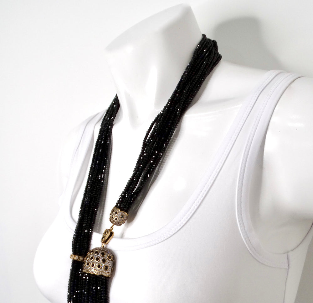 Multi-Strand Black Crystal Beaded Tassel Drop Necklace circa 1980s