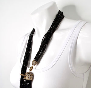 Multi-Strand Black Crystal Beaded Tassel Drop Necklace circa 1980s