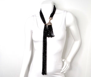 Multi-Strand Black Crystal Beaded Tassel Drop Necklace circa 1980s