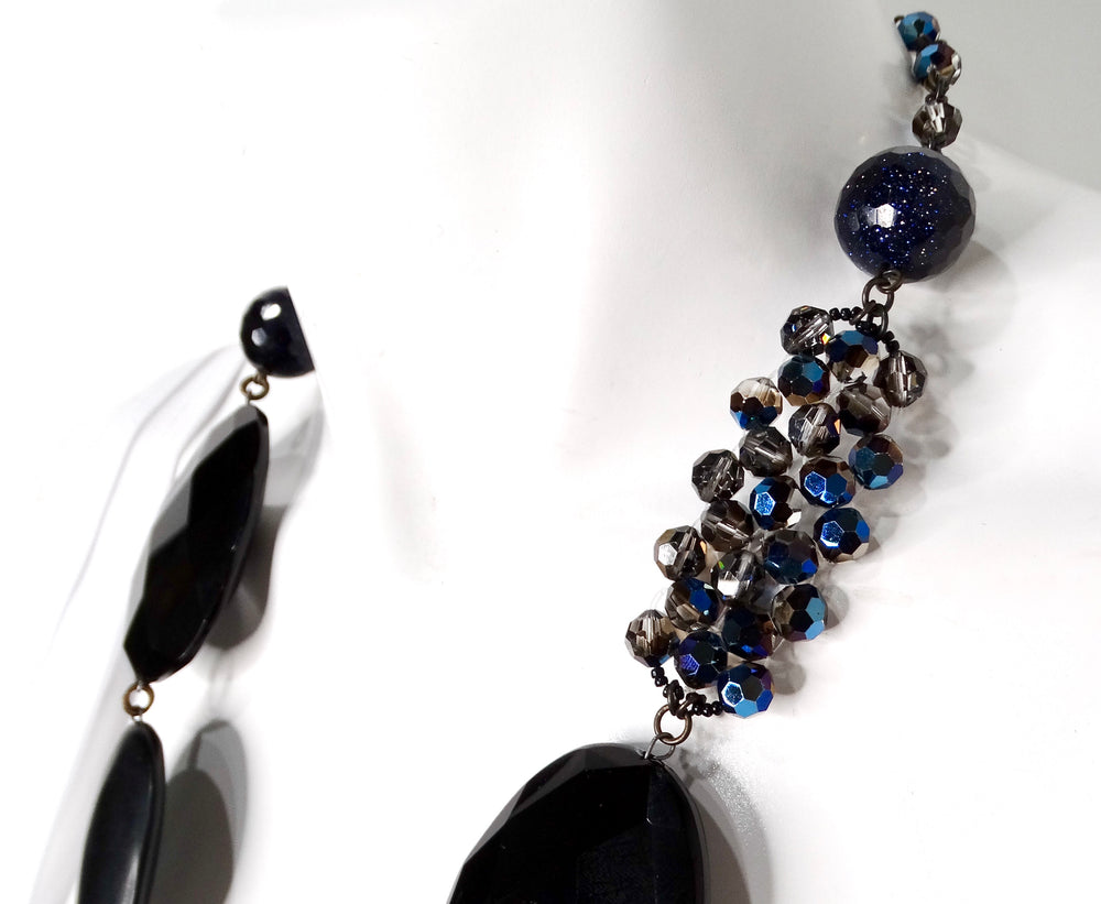 Chunky Black Gemstone & Blue Beaded Statement Drop Necklace
