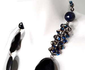 Chunky Black Gemstone & Blue Beaded Statement Drop Necklace