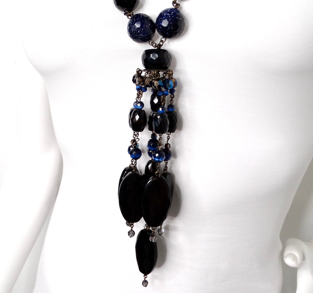 Chunky Black Gemstone & Blue Beaded Statement Drop Necklace