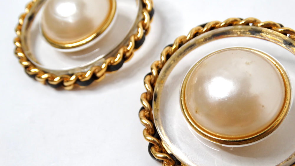 Chanel Large Costume Pearl & Resin Disc Clip-On Earrings circa 1990s