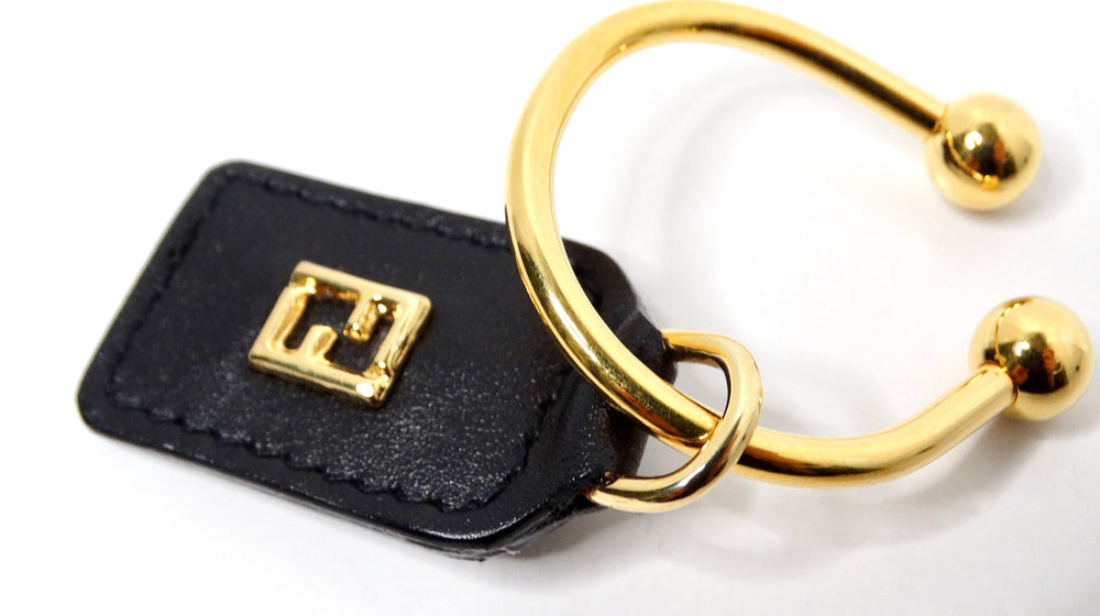 Fendi Black Leather & Yellow Gold-Tone Logo Keychain