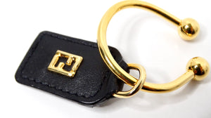 Fendi Black Leather & Yellow Gold-Tone Logo Keychain