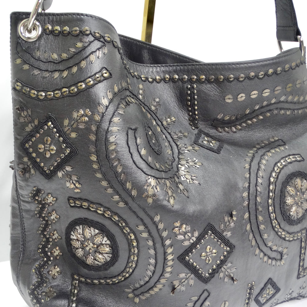 Oscar De La Renta Black Leather Embellished Tote Bag