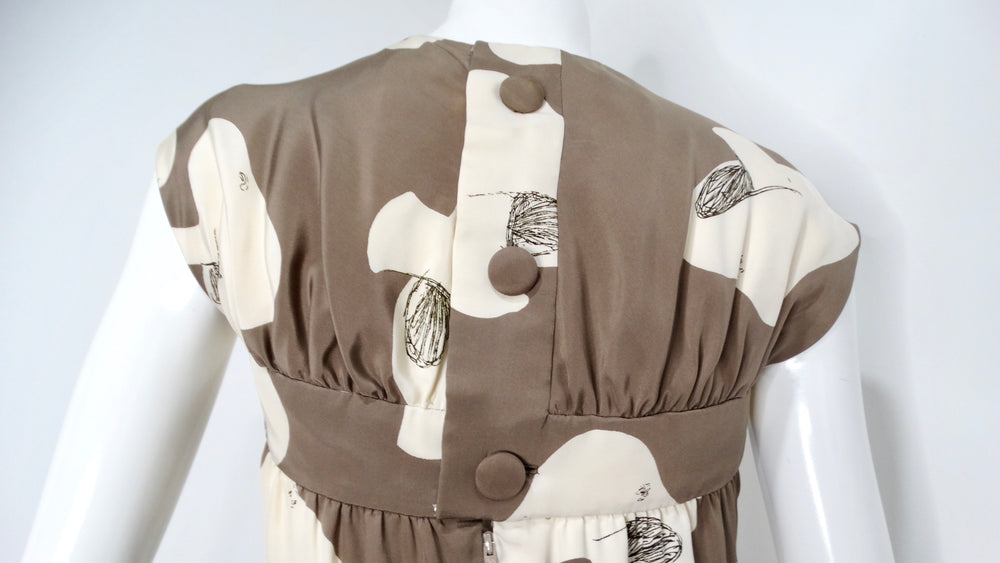 1960s Donald Brooks Mushroom Print Taupe Dress