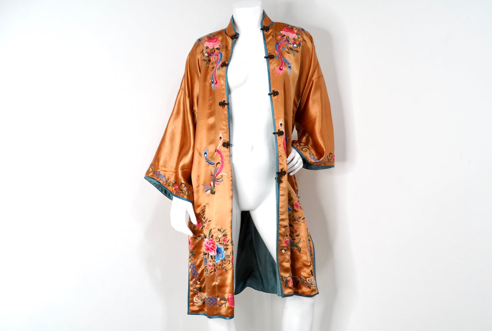 1950s Vintage Orange Chinese Silk Floral Embroidered Print Jacket