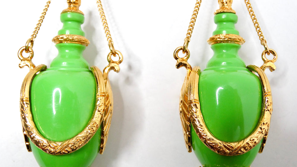 Chanel Collectible Green Resin Gold Plated Vase Drop Earrings circa 1980s