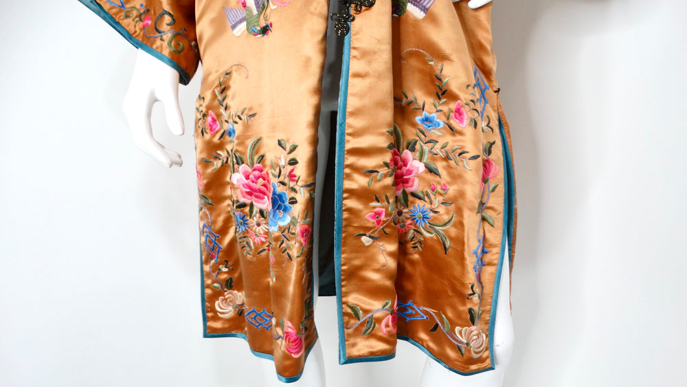 1950s Vintage Orange Chinese Silk Floral Embroidered Print Jacket
