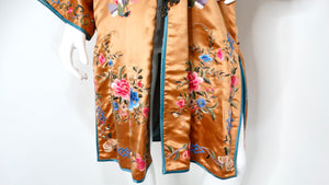 1950s Vintage Orange Chinese Silk Floral Embroidered Print Jacket