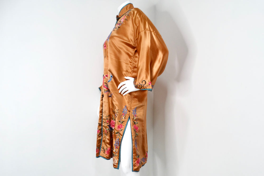 1950s Vintage Orange Chinese Silk Floral Embroidered Print Jacket