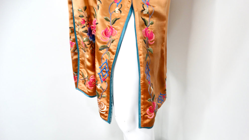 1950s Vintage Orange Chinese Silk Floral Embroidered Print Jacket