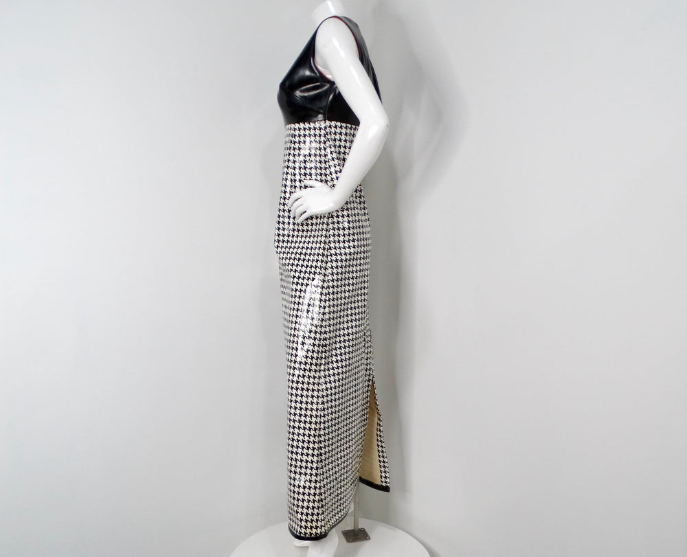 1960s Mod Vinyl Black & White Houndstooth Sleeveless Maxi Dress 1960s Mod Vinyl Black & White Houndstooth Sleeveless Maxi Dress