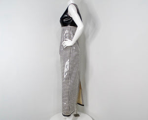 1960s Mod Vinyl Black & White Houndstooth Sleeveless Maxi Dress