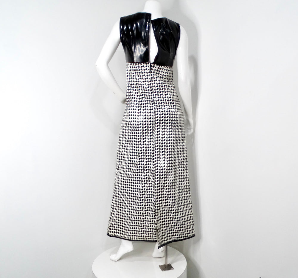 1960s Mod Vinyl Black & White Houndstooth Sleeveless Maxi Dress