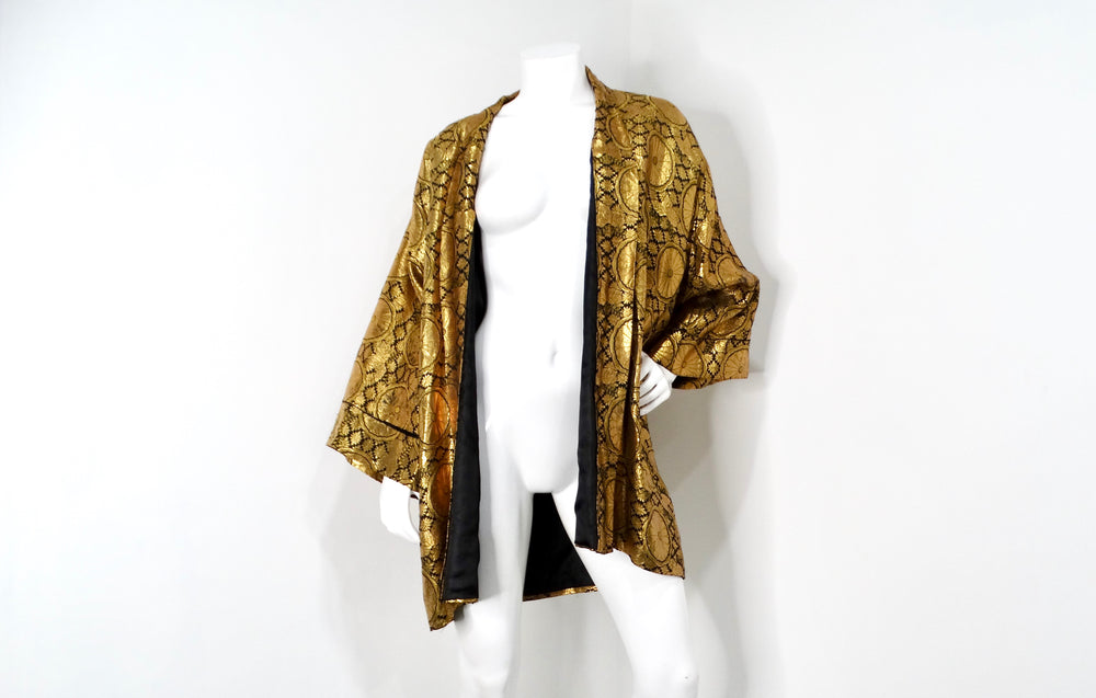 1960s Japanese Black & Gold Metallic Floral Print Kimono Style Jacket