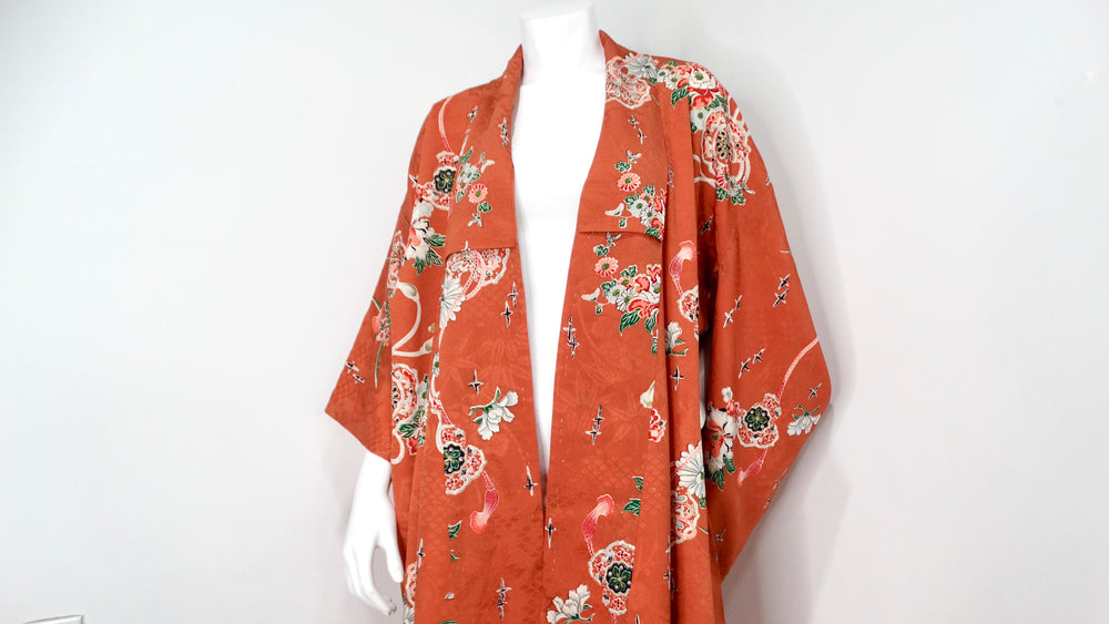 Handmade Japanese Burnt Orange Floral Print Silk Kimono circa 1950s