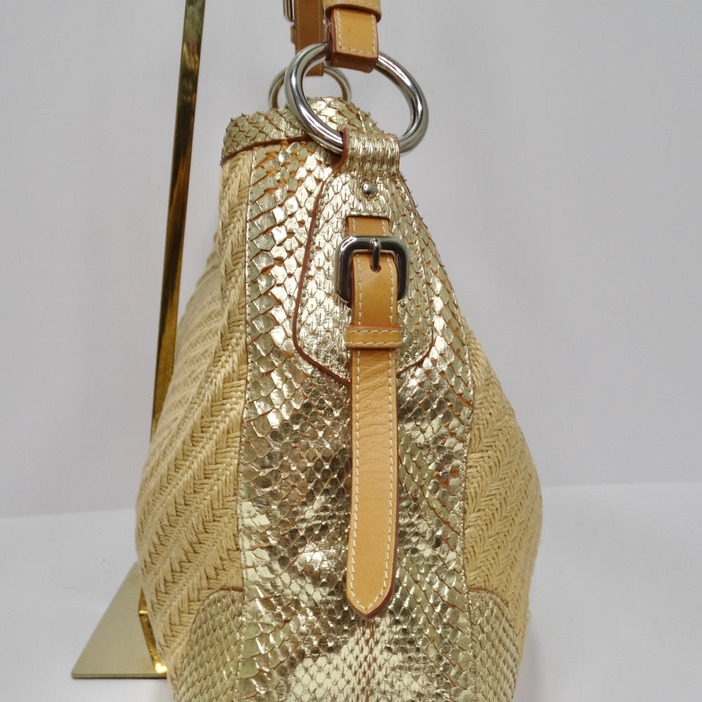 Prada Raffia Woven Jute & Gold Python-Trimmed Shoulder Bag