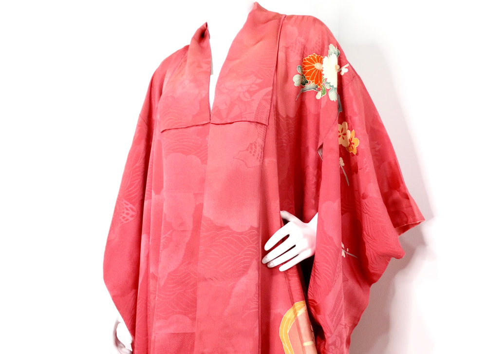 Handmade Japanese Coral Floral Print Silk Kimono circa 1950s