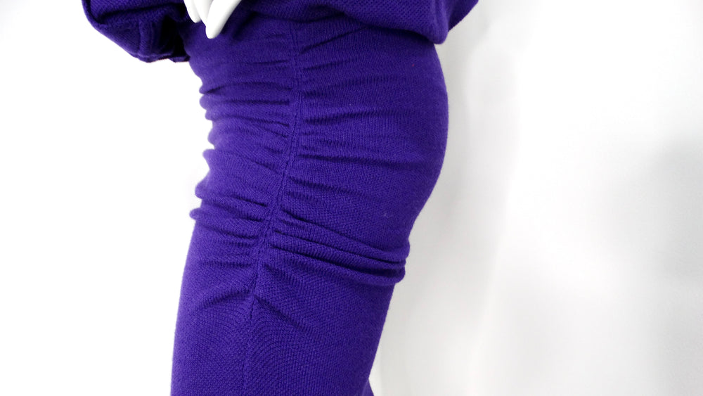 1980s Karl Lagerfeld Royal Purple Wool Ruched Maxi Dress