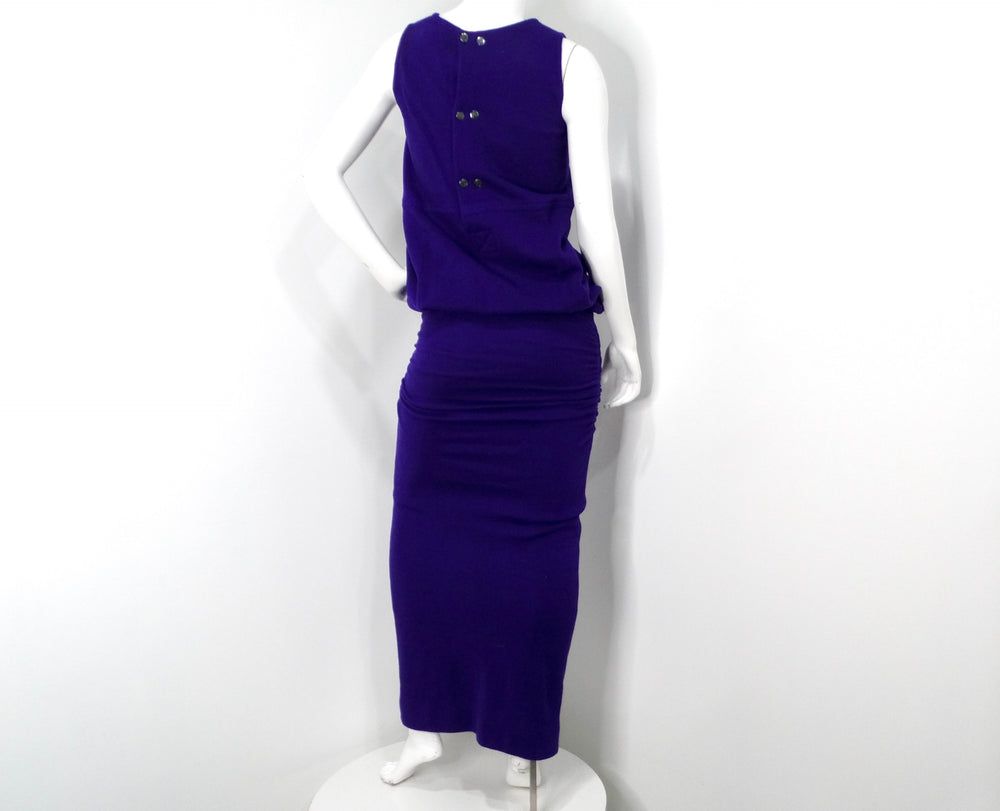 1980s Karl Lagerfeld Royal Purple Wool Ruched Maxi Dress