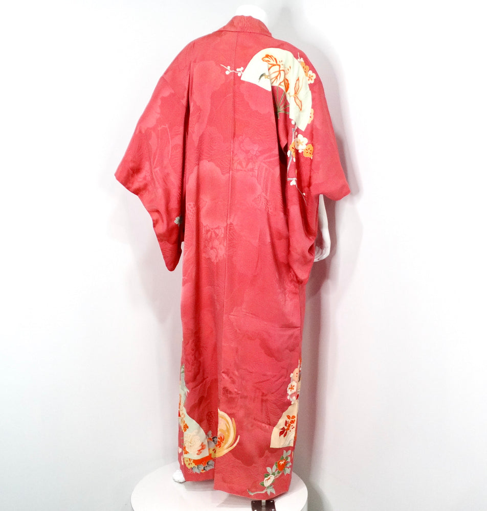 Handmade Japanese Coral Floral Print Silk Kimono circa 1950s