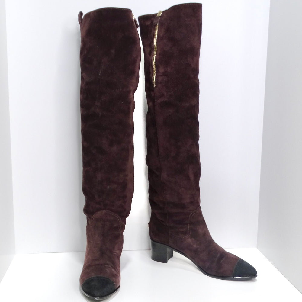 Chanel Burgundy Suede Cap Toe Over The Knee Boots