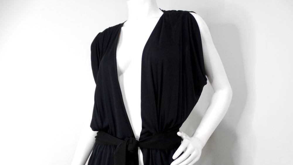 1970s Morty Sussman Black Open Belted Evening Maxi Dress