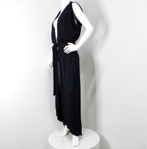 1970s Morty Sussman Black Open Belted Evening Maxi Dress